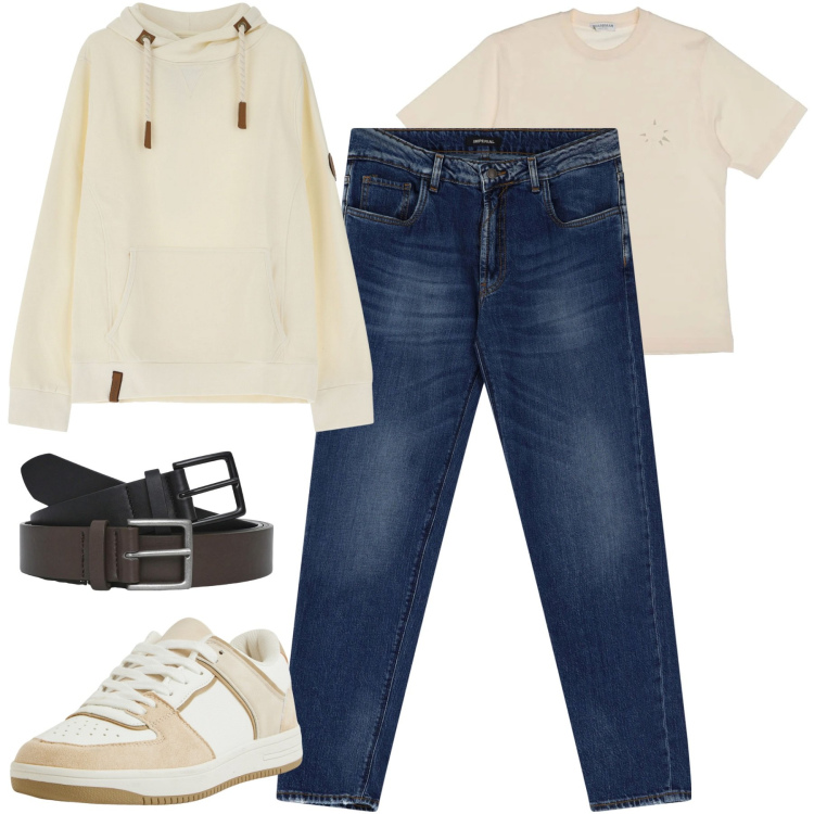 Outfit uomo - Febbraio. Stile Casual per Tutti i giorni. Abbinamento con sneakers, cinture, jeans slim fit, felpe con cappuccio, t-shirt.