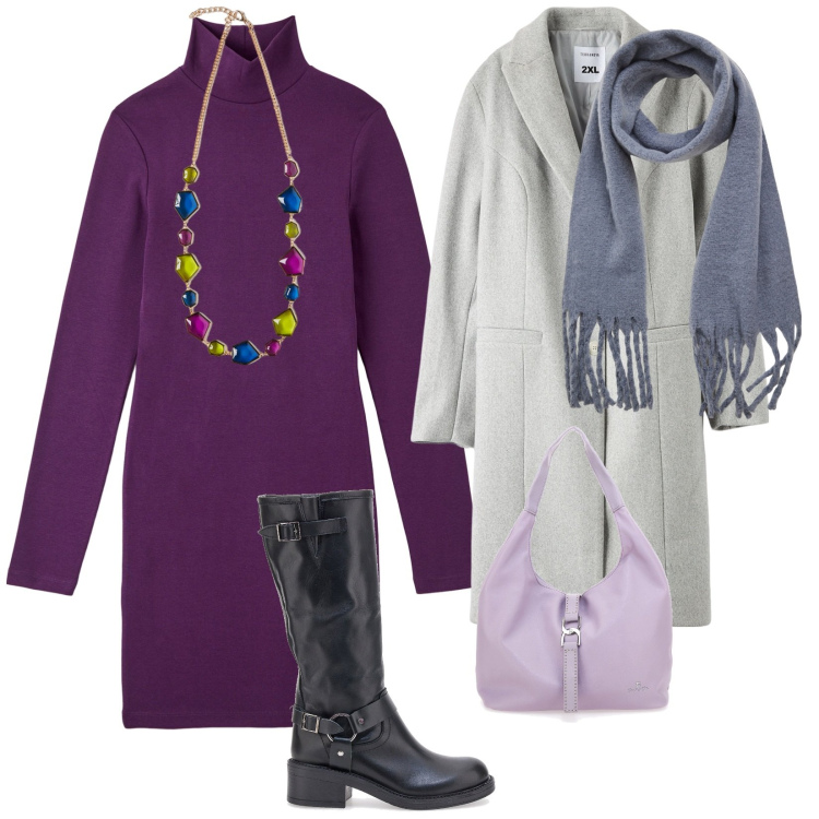 Outfit donna - Buongiorno. per Tutti i giorni. Abbinamento con cappotti, vestiti midi/longuette, sciarpe, stivali, collane, borse a spalla.