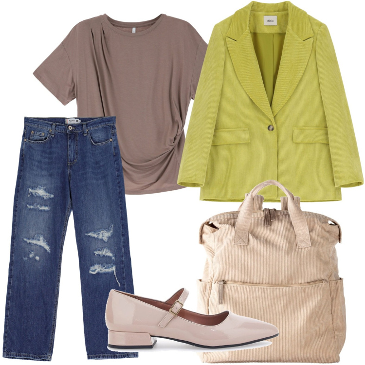 Outfit donna - Essenziale. Stile Trendy per Ufficio. Abbinamento con zaini, jeans strappati, t-shirt, blazer, ballerine.