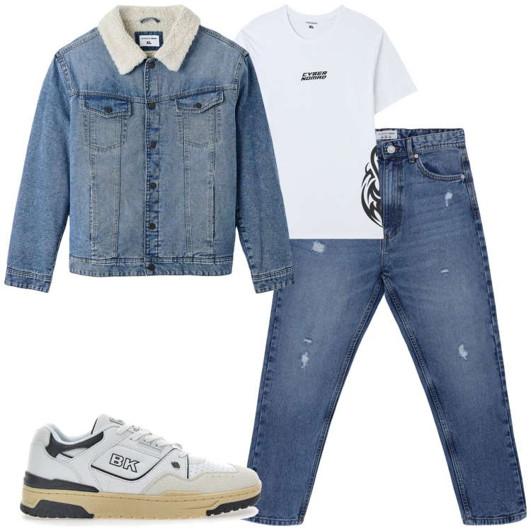 Outfit uomo - Con gli amici. Stile Casual per Tutti i giorni. Abbinamento con giacche, t-shirt, jeans strappati, sneakers.