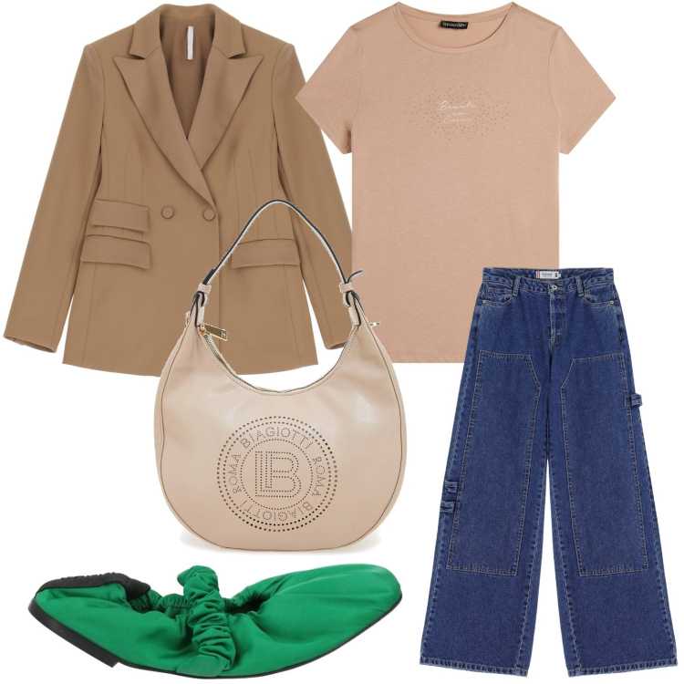 Outfit donna - Momenti di beige. Stile Basic per Ufficio. Abbinamento con ballerine, jeans, blazer, t-shirt, borse a spalla.