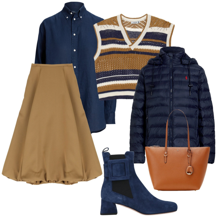 Outfit donna - Pronta. per Scuola/Università. Abbinamento con stivaletti, maglieria, gonne longuette, borse tote, giacche, camicie.