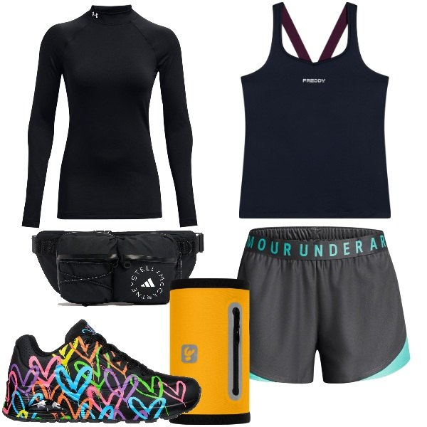 Outfit donna - Un po\' di sport. Stile Sporty chic per Sport. Abbinamento con top sportivi, fasce per capelli, pullovers, sneakers, shorts, marsupi.