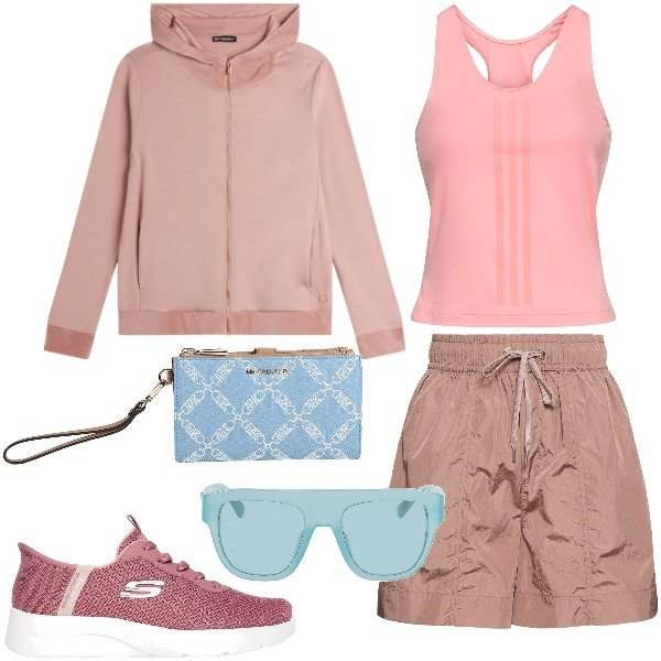 Outfit donna - Un po\' di sport. Stile Sporty chic per Sport. Abbinamento con portafogli, occhiali da sole, felpe con cappuccio, shorts, canottiere, sneakers.