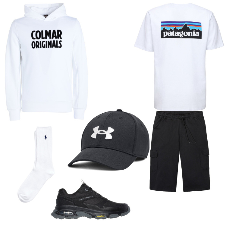 Outfit uomo - Oggi mi sento sportivo. Stile Urban per Tutti i giorni. Abbinamento con bermuda, felpe con cappuccio, calzini, cappelli, scarpe sportive, t-shirt.