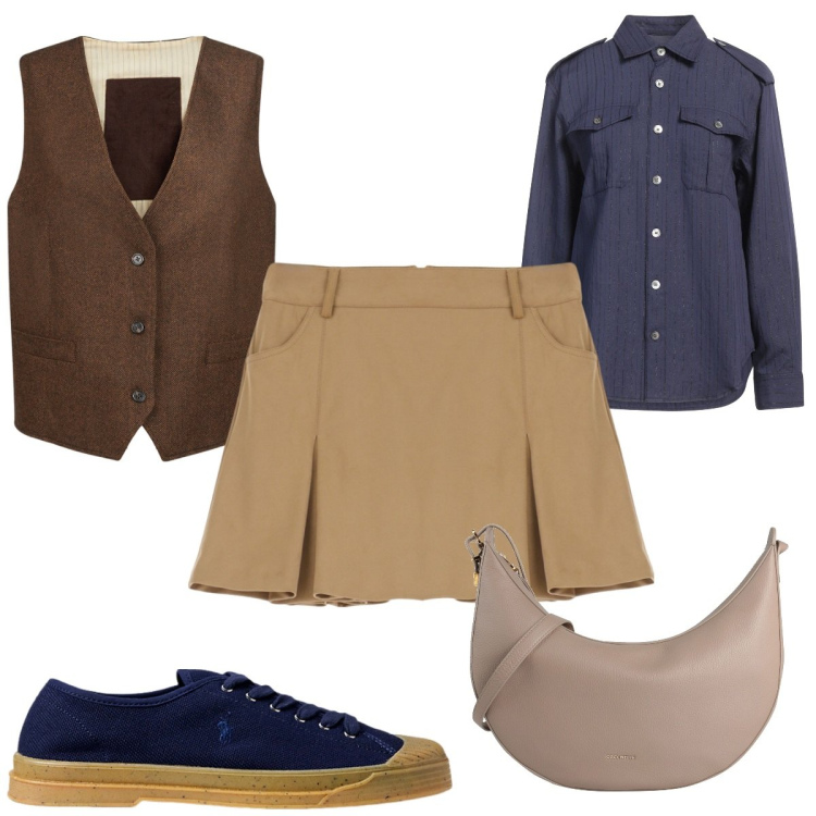 Outfit donna - Total look #2061523. Stile Preppy per Tutti i giorni. Abbinamento con borse a tracolla, camicie, minigonne, sneakers, gilet.
