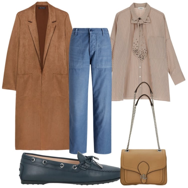 Outfit donna - Total look #2061530. Stile Trendy per Tutti i giorni. Abbinamento con mocassini, camicie, pantaloni, borse a spalla, trench.