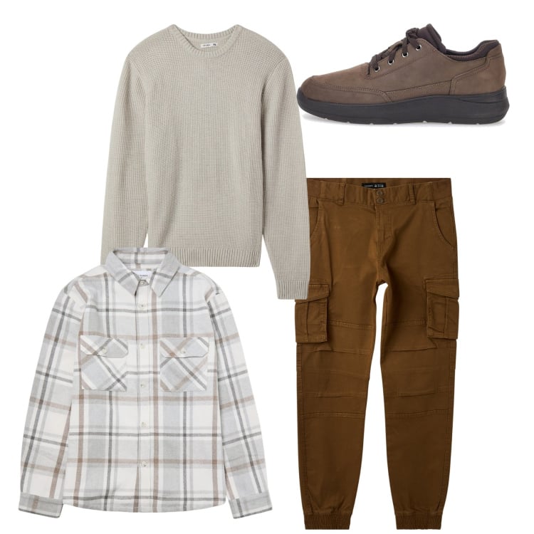 Outfit uomo - City. Stile Casual per Tutti i giorni. Abbinamento con cappotti, maglieria, pantaloni cargo, scarpe stringate.