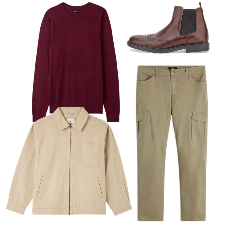 Outfit uomo - City. Stile Casual per Tutti i giorni. Abbinamento con pantaloni cargo, giacche, maglieria, stivali e stivaletti.