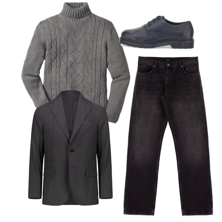 Outfit uomo - Gradazioni di grigio. Stile Casual per Serata speciale. Abbinamento con maglieria, jeans dritti, giacche, scarpe stringate.