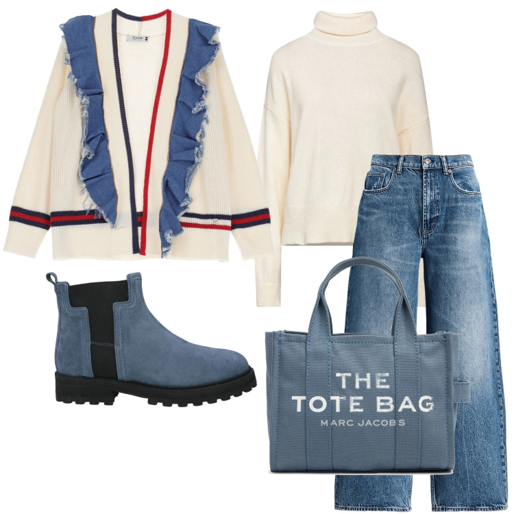 Outfit donna - Cardigan con volant. Stile Casual per Tutti i giorni. Abbinamento con stivaletti, maglieria, cardigans, jeans, borse tote.