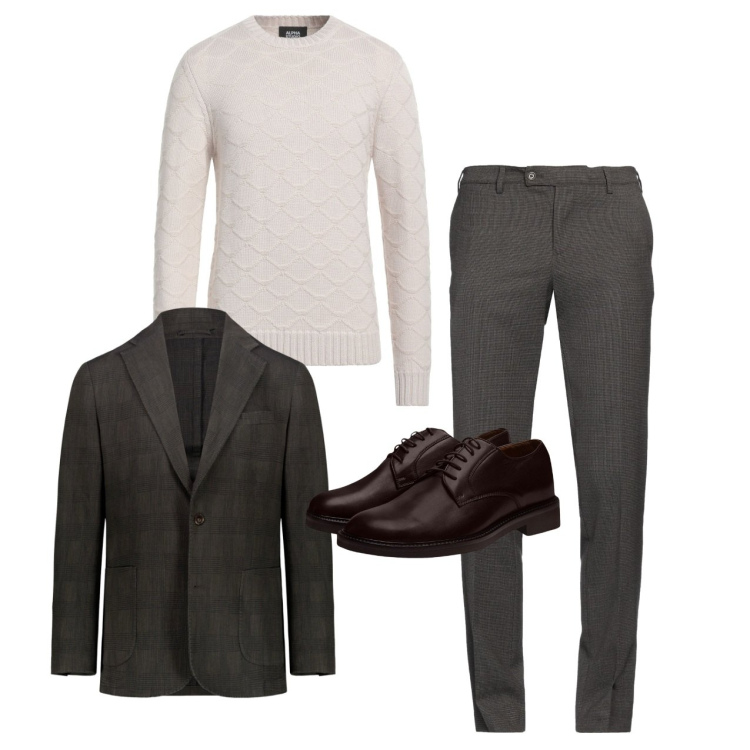 Outfit uomo - Il pullover latte. Stile Trendy per Tutti i giorni. Abbinamento con pullovers, pantaloni, scarpe stringate, giacche.