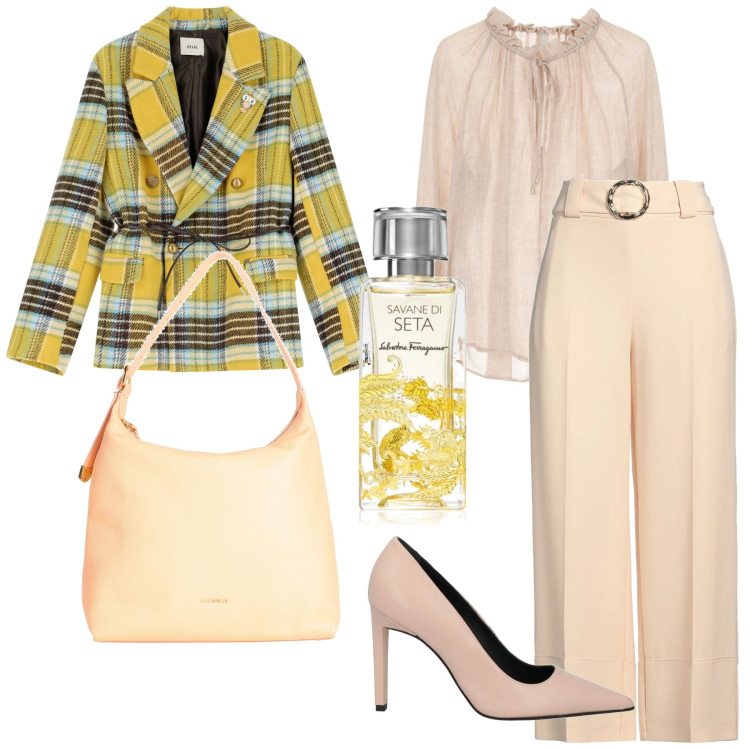 Outfit donna - Cerimonia a marzo. Stile Casual chic per Cerimonia. Abbinamento con pantaloni, décolleté, borse a spalla, profumi, bluse, blazer.