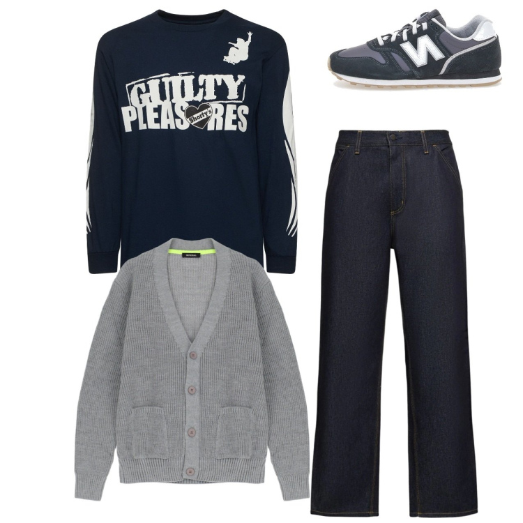 Outfit uomo - City. Stile Urban per Tutti i giorni. Abbinamento con cardigans, sneakers, t-shirt, jeans.