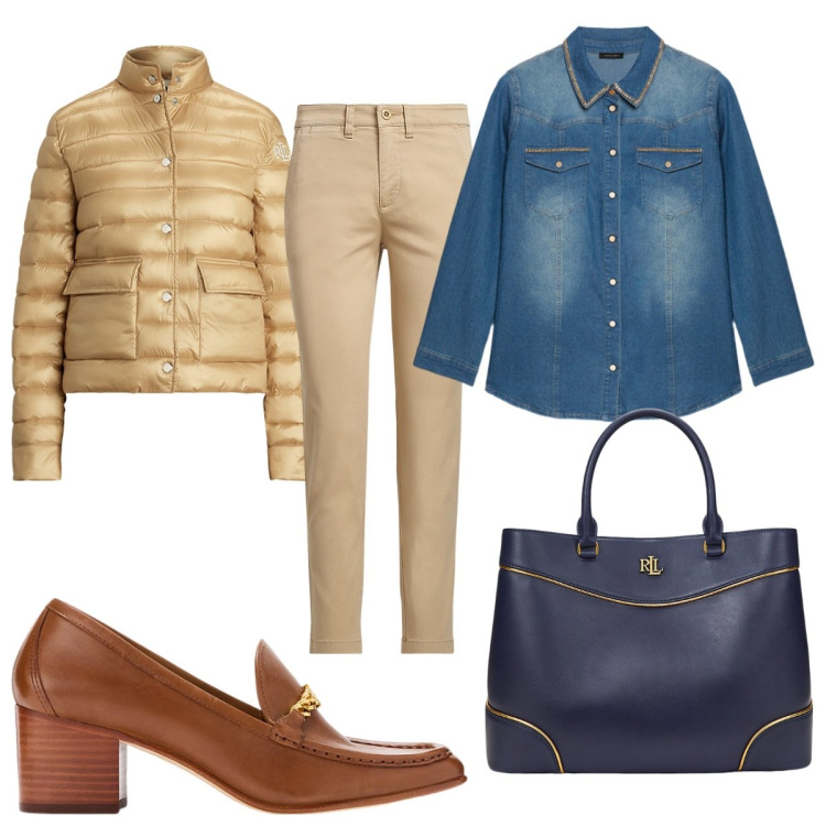 Outfit donna - Total look #2061556. Stile Trendy per Tutti i giorni. Abbinamento con pantaloni corti, décolleté, piumini, borse a mano, camicie.
