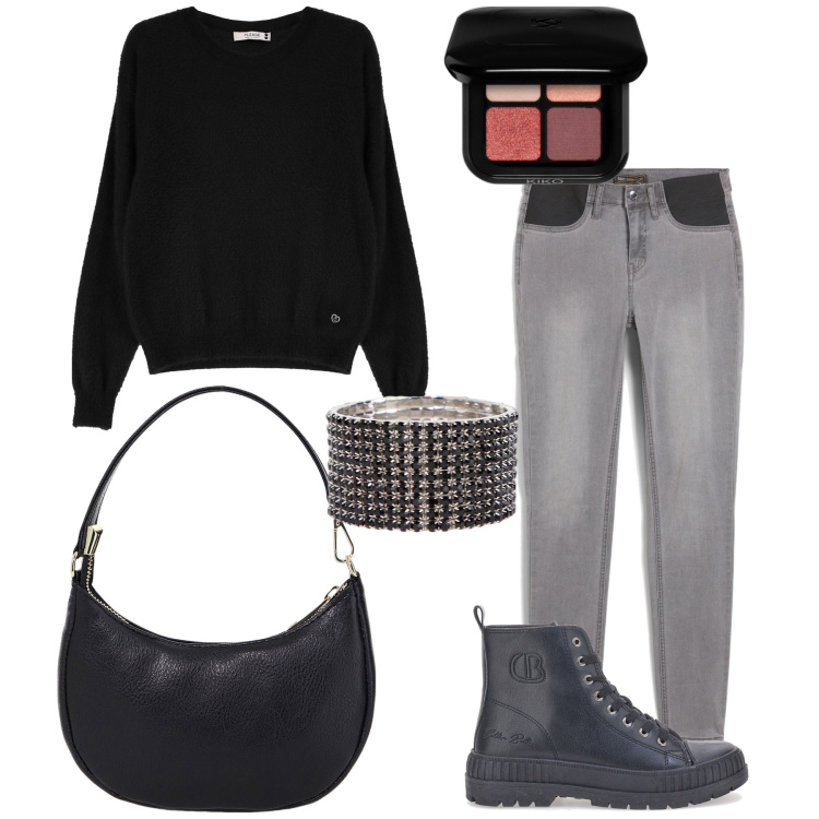 Outfit donna - Un bel braccialetto. Stile Urban per Tutti i giorni. Abbinamento con jeans, ombretti, maglieria, braccialetti, borse a spalla, stivaletti.