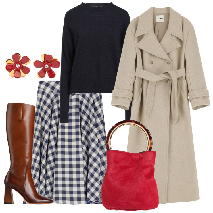 Outfit donna - Molto french style. Stile Bon Ton per Tutti i giorni. Abbinamento con borse a secchiello, pullovers, stivali, gonne, trench, orecchini.