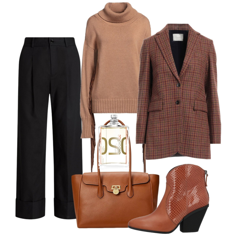 Outfit donna - Tonalità caramello. Stile Bon Ton per Ufficio. Abbinamento con stivaletti texani, maglieria, blazer, profumi, borse a mano, pantaloni.