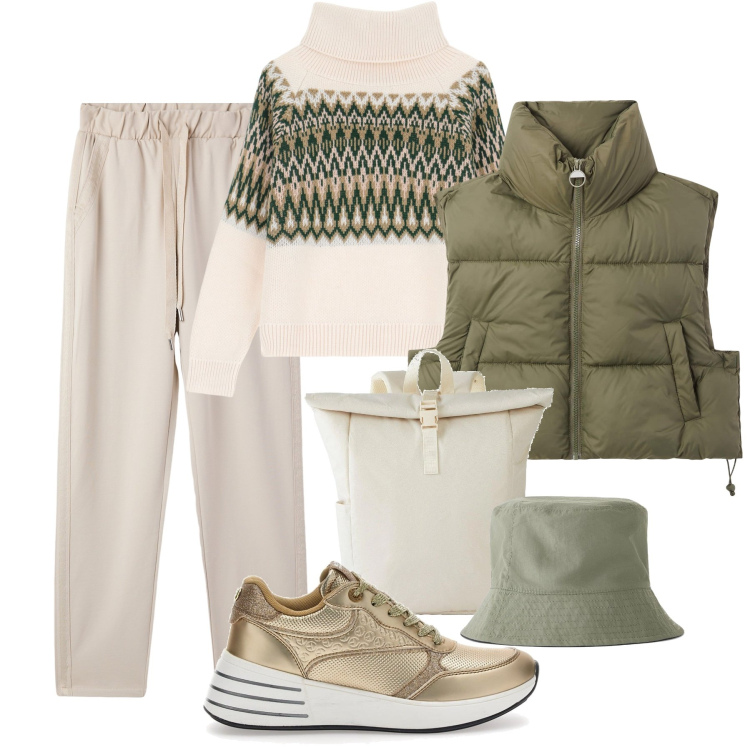Outfit donna - Giornata fredda a passeggio. Stile Casual per Tutti i giorni. Abbinamento con zaini, cappelli, pantaloni skinny, piumini, maglieria, sneakers.