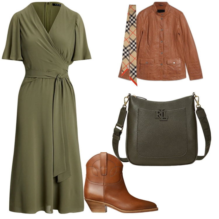 Outfit donna - Informarle. per Tutti i giorni. Abbinamento con blazer, borse a tracolla, vestiti, stivaletti, foulard.