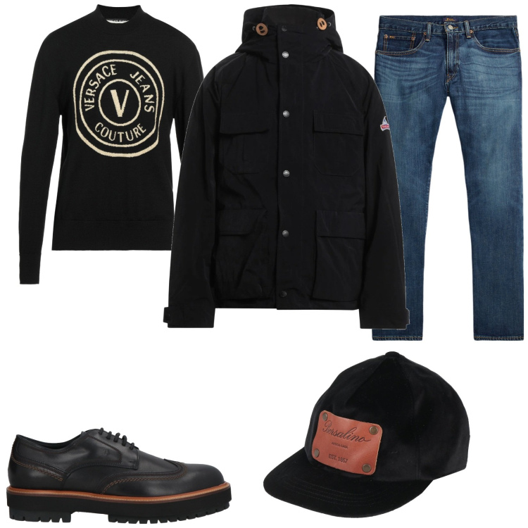 Outfit uomo - Stringate casual. Stile Casual per Ufficio. Abbinamento con pullovers, cappelli con visiera, trench, scarpe stringate, jeans dritti.