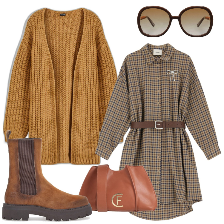 Outfit donna - In ufficio. Stile Casual chic per Ufficio. Abbinamento con cardigans, borse a tracolla, occhiali da sole, vestiti, stivaletti chelsea.