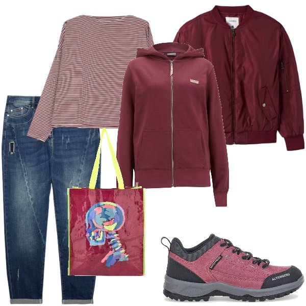 Outfit donna - Total look #2061636. Stile Basic per Tutti i giorni. Abbinamento con felpe con cappuccio, bomber, maglieria, sneakers, jeans strappati, shopping bag.