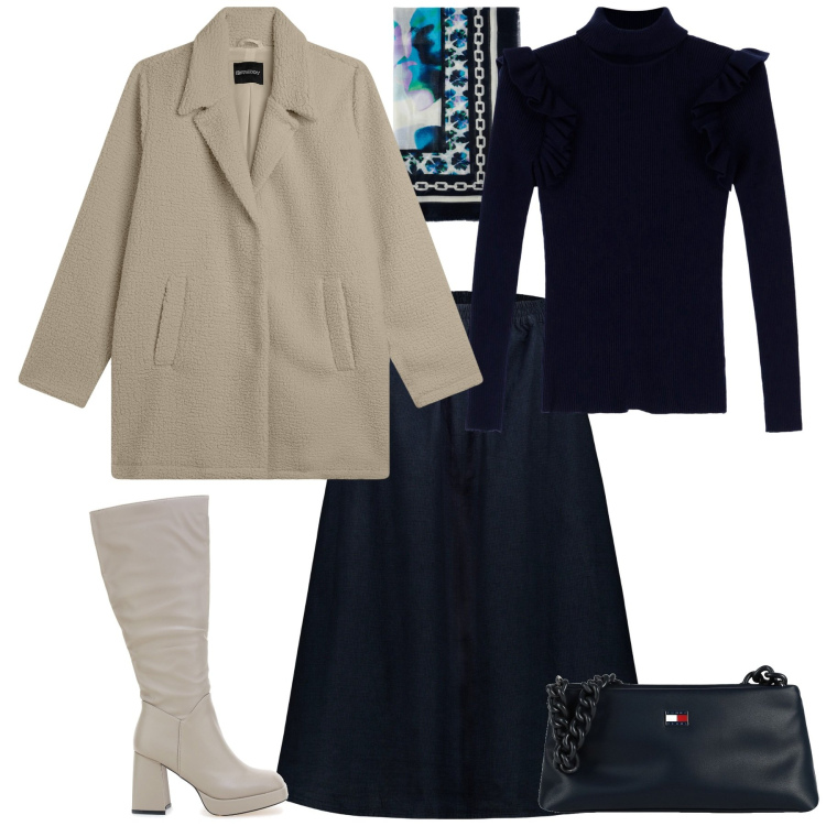 Outfit donna - Total look #2061639. Stile Basic per Tutti i giorni. Abbinamento con borse a mano, maglieria, cappotti, gonne, stivali, foulard.