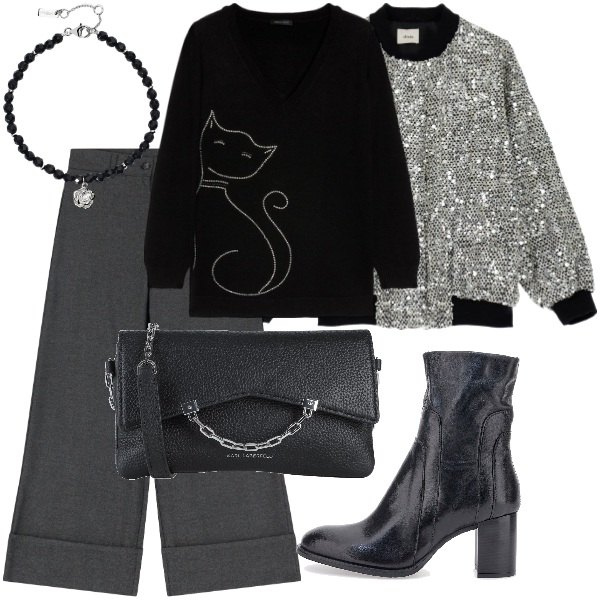 Outfit donna - Total look #2061642. Stile Casual chic per Serata fuori. Abbinamento con borse a tracolla, braccialetti, pantaloni, bomber, stivaletti, maglieria.