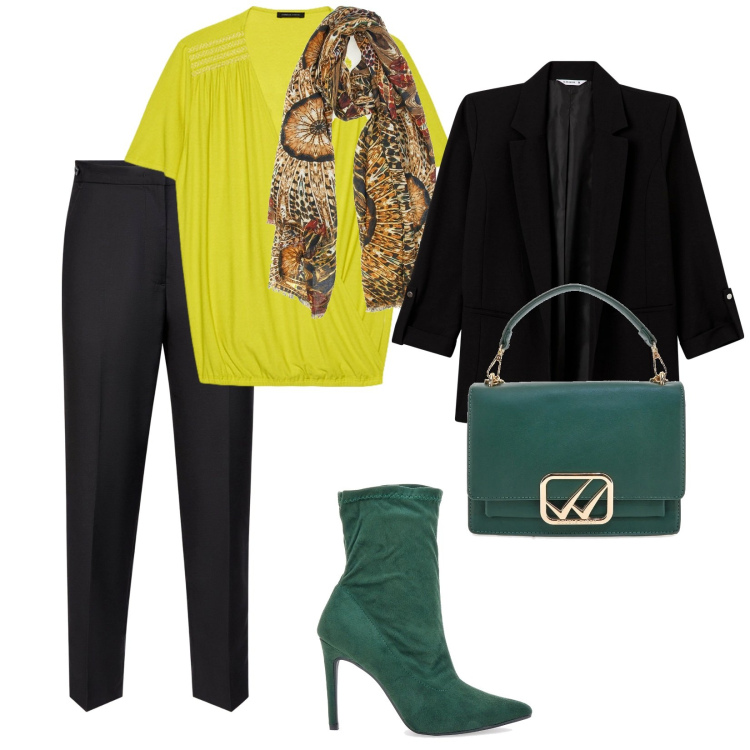 Outfit donna - Verde. per Tutti i giorni. Abbinamento con blazer, stivaletti, t-shirt, borse a tracolla, pantaloni, foulard.