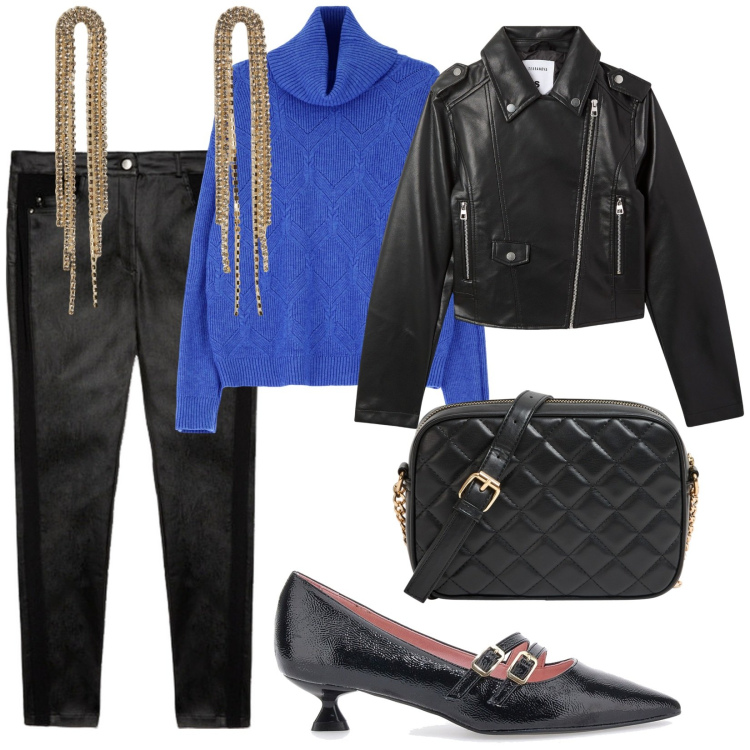Outfit donna - A cena a casa di Imma. per Serata fuori. Abbinamento con giacche, borse a tracolla, orecchini, maglieria, pantaloni skinny, décolleté.