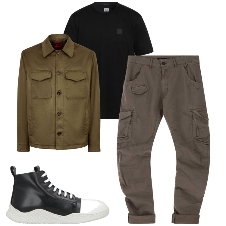 Outfit uomo - City. Stile Casual per Tutti i giorni. Abbinamento con t-shirt, sneakers alte, pantaloni cargo, giacche.