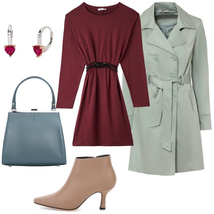 Outfit donna - Bella in ufficio. Stile Casual chic per Ufficio. Abbinamento con trench, vestiti midi/longuette, orecchini, clutch, stivaletti.