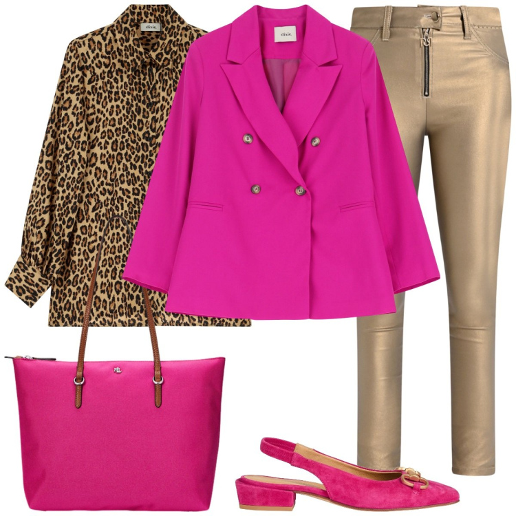 Outfit donna - Fucsia animalier. Stile Glamour per Tutti i giorni. Abbinamento con ballerine, pantaloni skinny, blazer, camicie, borse tote.
