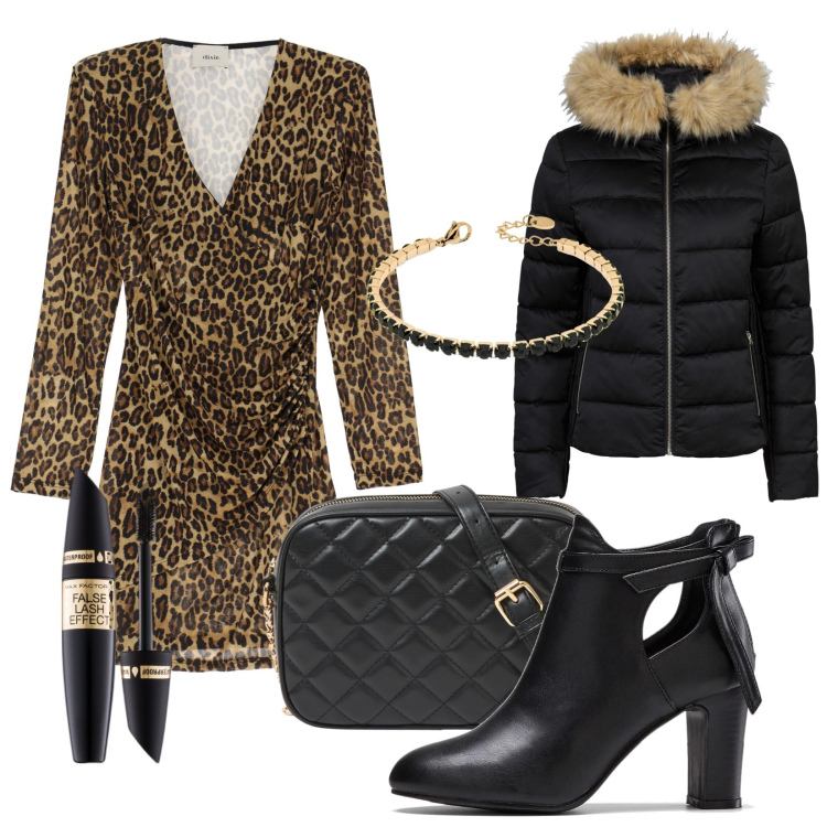 Outfit donna - Total look #2061701. Stile Casual per Serata fuori. Abbinamento con stivaletti, giacche, mascara, borse a tracolla, vestiti corti, braccialetti.
