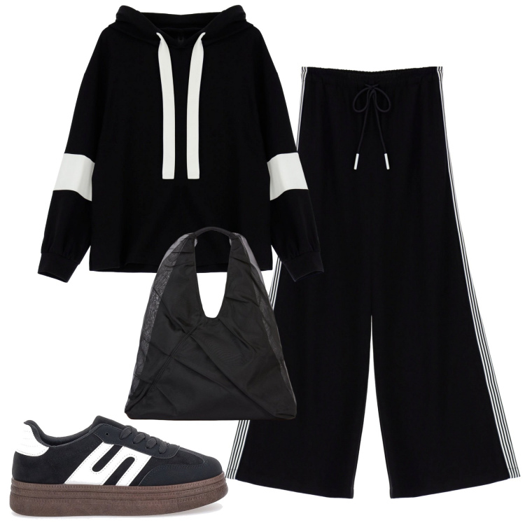 Outfit donna - Weekend. Stile Casual per Tutti i giorni. Abbinamento con pantaloni, felpe, sneakers, shopping bag.