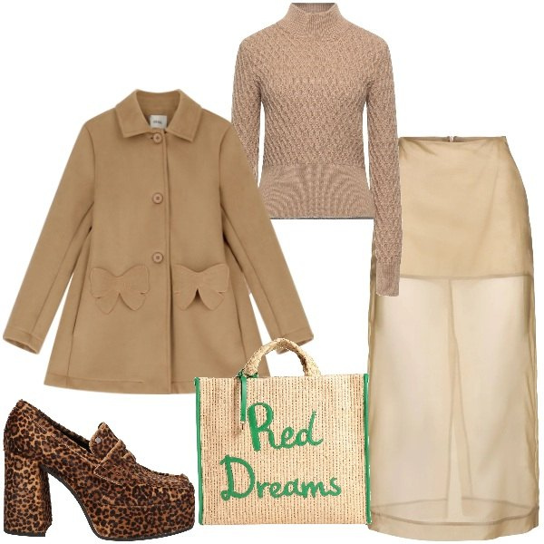 Outfit donna - Mocha mousse in città. Stile Urban per Tutti i giorni. Abbinamento con mocassini, borse a mano, maglieria, cappotti, gonne longuette.