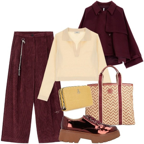 Outfit donna - Completo in città. Stile Urban per Tutti i giorni. Abbinamento con scarpe stringate, borse a mano, caban, pantaloni a palazzo, pullovers, portafogli.