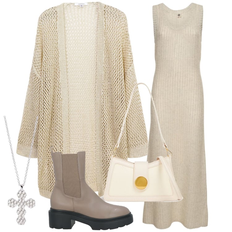 Outfit donna - Minimal in nude colors. Stile Minimal per Tutti i giorni. Abbinamento con stivaletti, borse a spalla, ciondoli, kimono, vestiti.