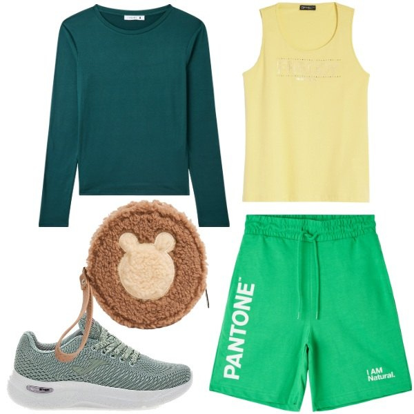 Outfit donna - Sport. Stile Sporty chic per Sport. Abbinamento con bermuda, portafogli, t-shirt, canottiere, sneakers.