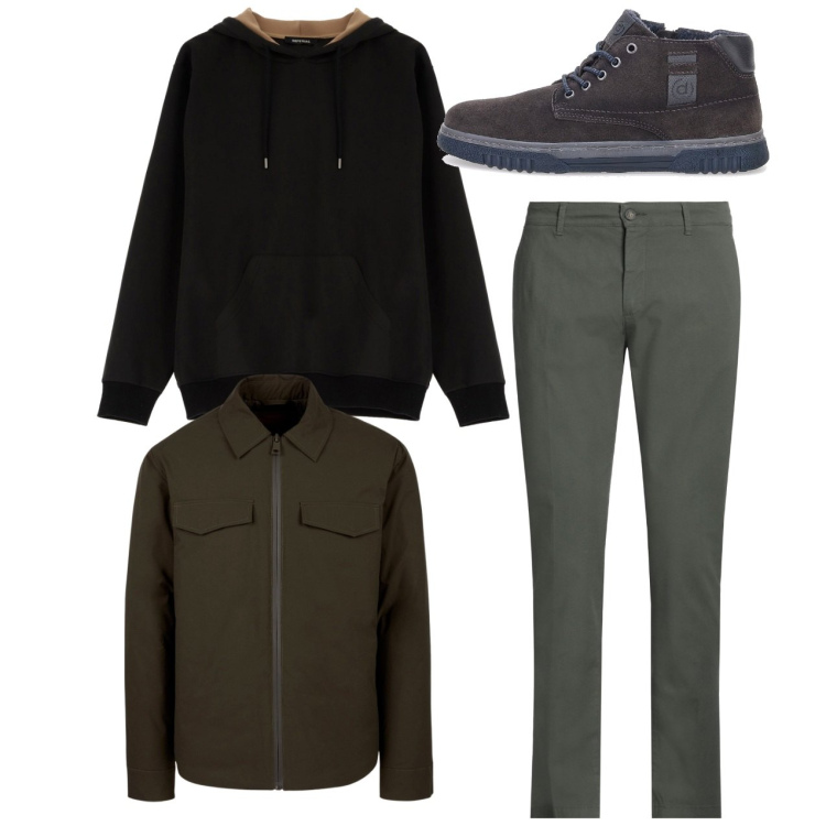 Outfit uomo - Febbraio. Stile Casual per Tutti i giorni. Abbinamento con pantaloni, felpe con cappuccio, piumini, scarpe stringate.