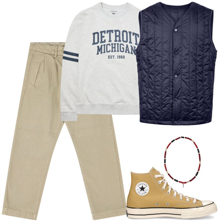 Outfit uomo - All star. Stile Casual per Tutti i giorni. Abbinamento con felpe, collane, pantaloni, sneakers, piumini.