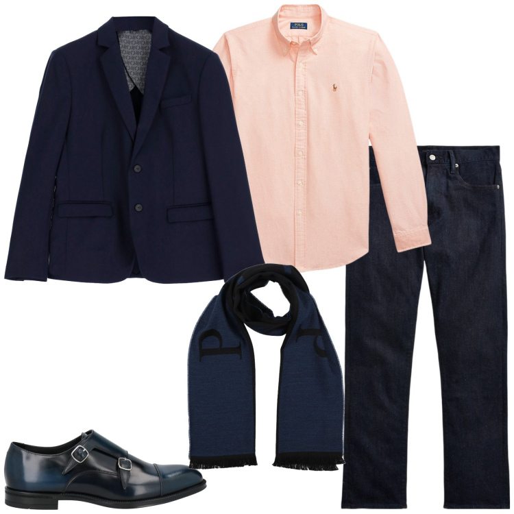 Outfit uomo - Business day. Stile Business/Elegante per Ufficio. Abbinamento con sciarpe, scarpe stringate, giacche, camicie, jeans dritti.