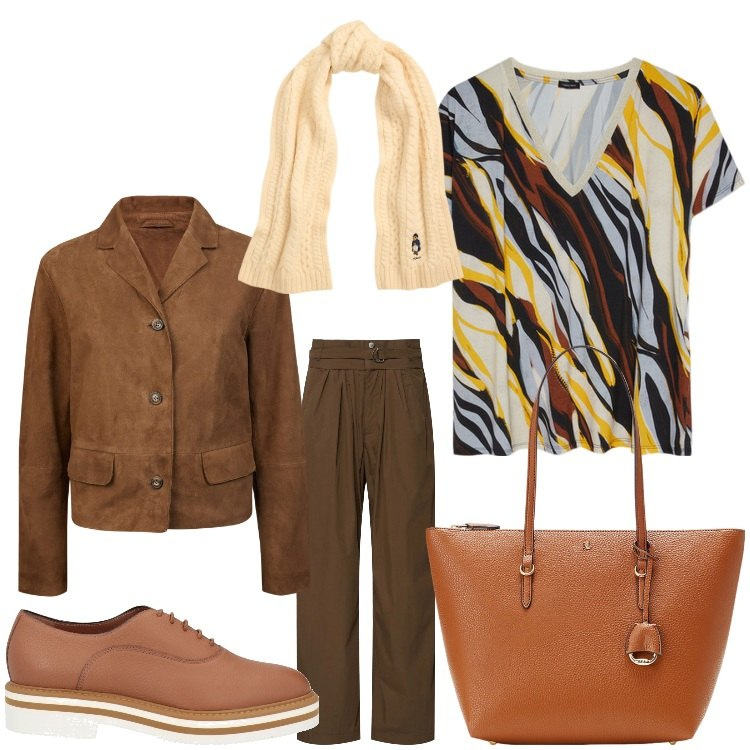 Outfit donna - Colori in ufficio. Stile Casual chic per Ufficio. Abbinamento con scarpe stringate, borse tote, sciarpe, t-shirt, pantaloni, blazer.