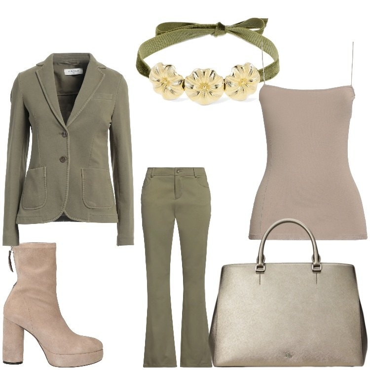 Outfit donna - Una bella collana. Stile Casual chic per Ufficio. Abbinamento con top, pantaloni, stivaletti, blazer, borse a mano, collane.