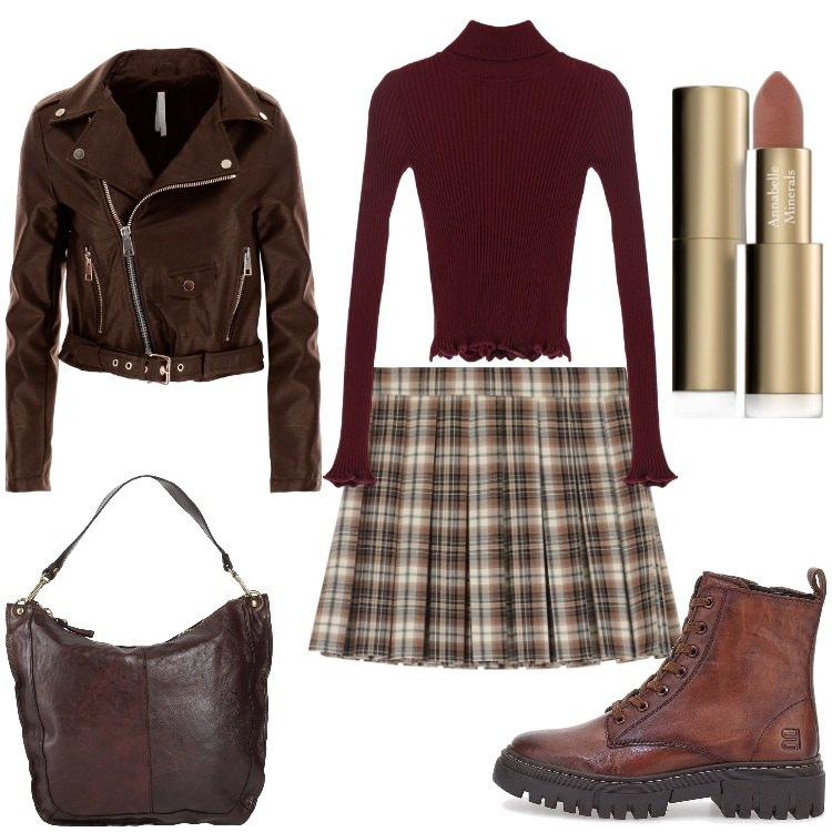 Outfit donna - Brown rock. Stile Casual chic per Serata fuori. Abbinamento con borse a spalla, rossetti, maglieria, minigonne, blazer, anfibi.