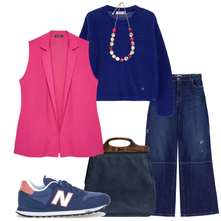 Outfit donna - In ufficio. Stile Casual chic per Ufficio. Abbinamento con jeans a zampa, pullovers, borse a tracolla, sneakers, gilet, collane.