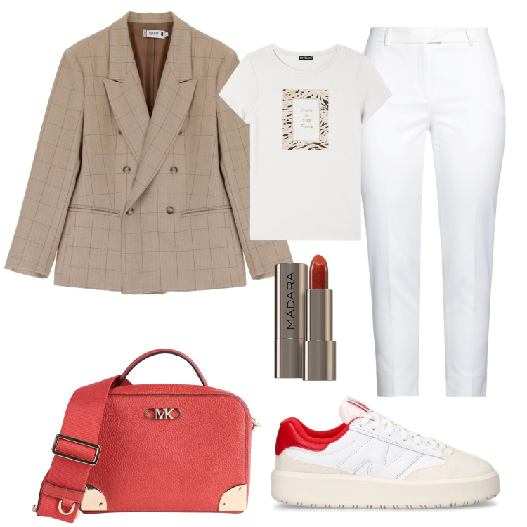 Outfit donna - Il potere del rosso. Stile Urban per Tutti i giorni. Abbinamento con pantaloni, borse a tracolla, rossetti, blazer, t-shirt, sneakers.