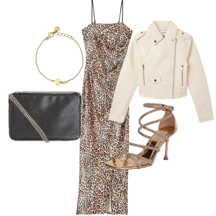 Outfit donna - Valentina… leoparda. Stile Rock Abbinamento con giacche, sandali col tacco, borse a tracolla, vestiti, braccialetti.