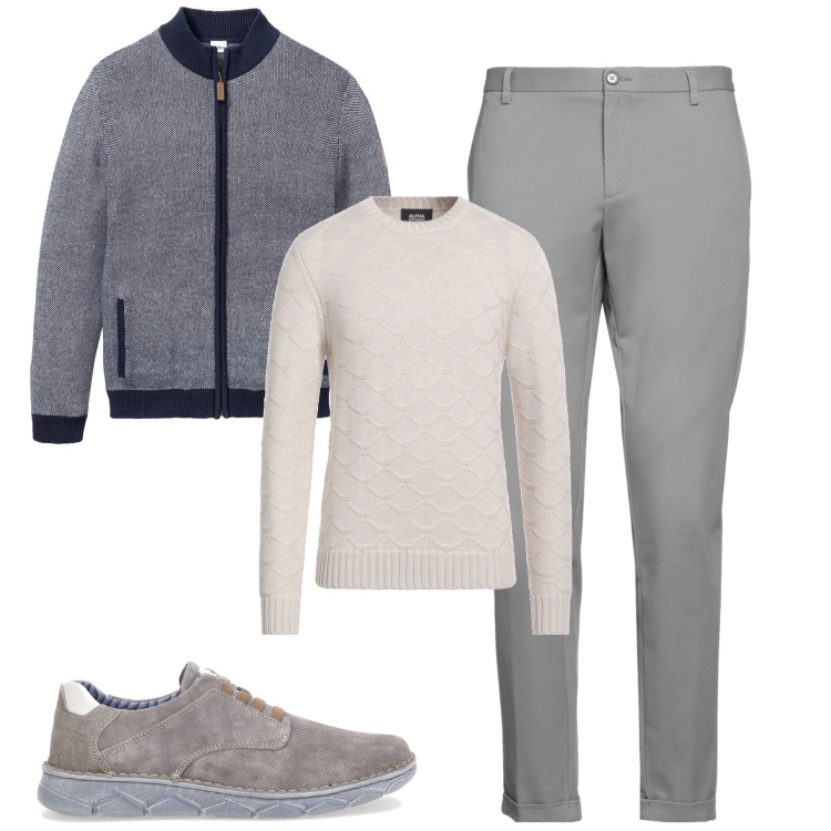 Outfit uomo - City. Stile Urban per Tutti i giorni. Abbinamento con cardigans, pantaloni, pullovers, scarpe stringate.
